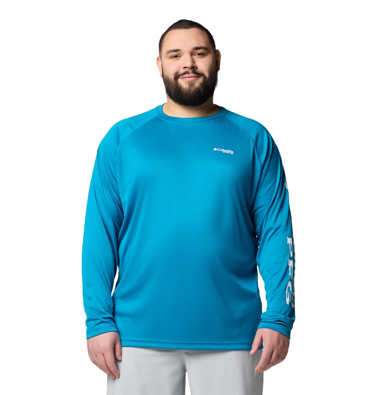 Columbia Men's PFG Terminal Tackle Long Sleeve Fishing Shirt, Blue Echo/White Logo, 4X Tall