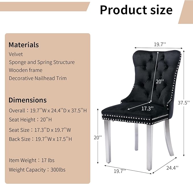 Luxury Upholstered Dining Chairs Set of 2, Black Kitchen Chair with Silver Metal Legs, Velvet Tufted Back Dining Chair, Sillas de Comedor, Modern Kitchen & Dining Room Chairs (Black, 2 Pcs)