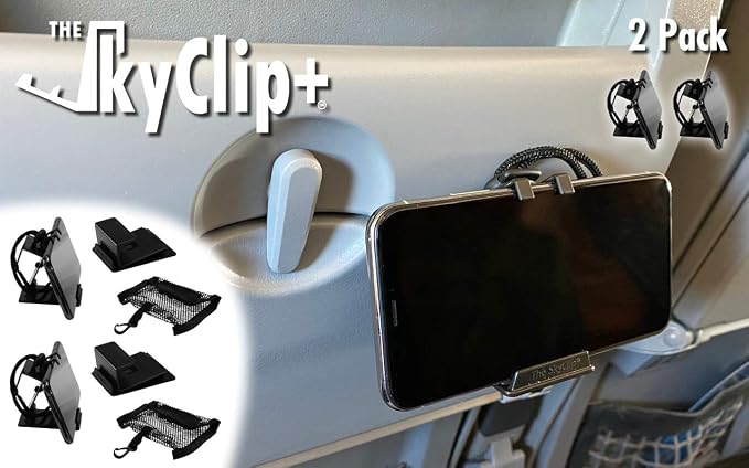 The SkyClip+ Phone &amp Tablet Holder for Air Travel Home and Office Use - Inflight Phone Mount &amp Stand Compatible with iPhone Android Kindle and Tablets - Ultimate Travel Accessory (Black)