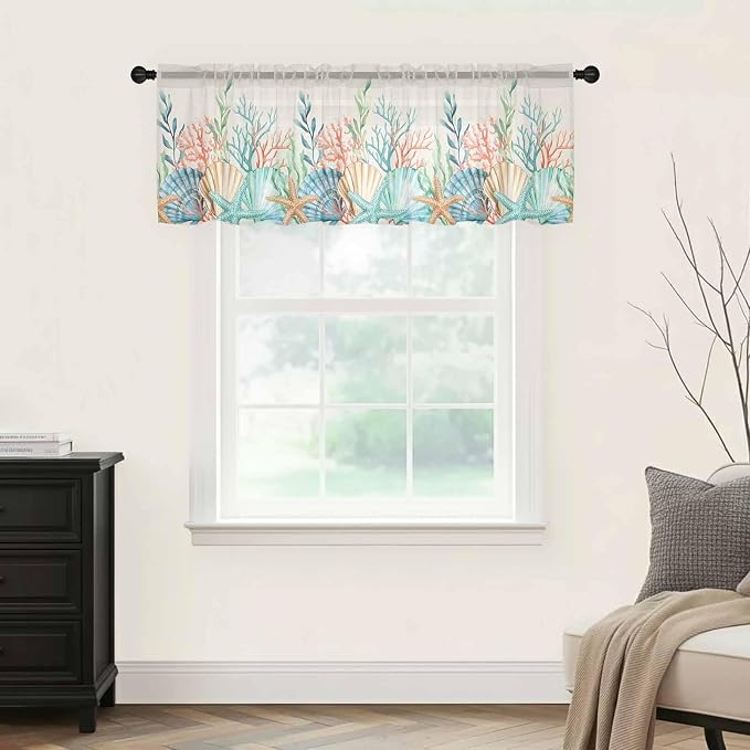 Summer Beach Sheer Valance Curtains, Ocean Colorful Coral Shell Seaweed