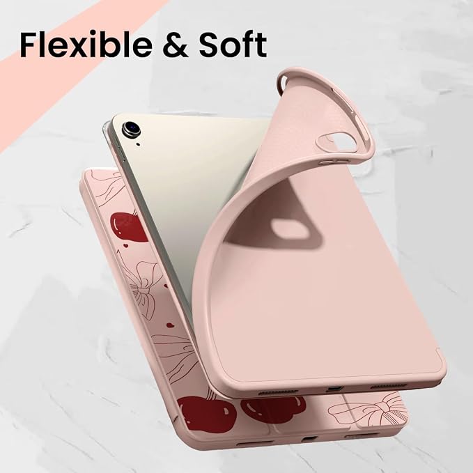 for iPad A16 11 Inch 2025 /for iPad 10th Generation 10.9 Inch 2022 Cute iPad Black Case with Pencil Holder-[Auto Wake/Sleep] Trifold Stand Soft TPU Protective Cover Pink Bows