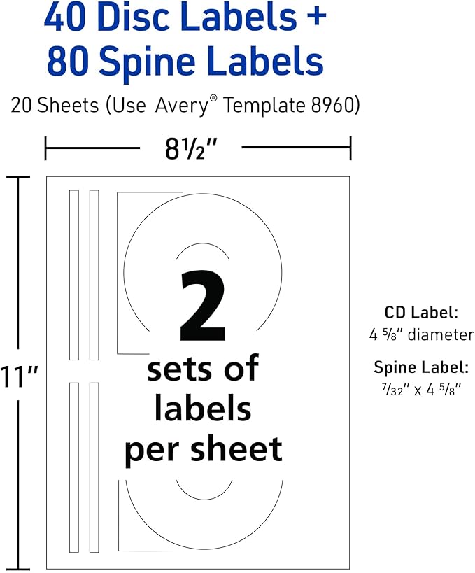 Avery Printable Full-Face CD Labels, Matte White, Permanent Adhesive, Laser/Inkjet Printable, 40 Disc & 80 Spine Labels, Ideal for CDs, DVDs, PC Discs, Media Projects & More (8960)