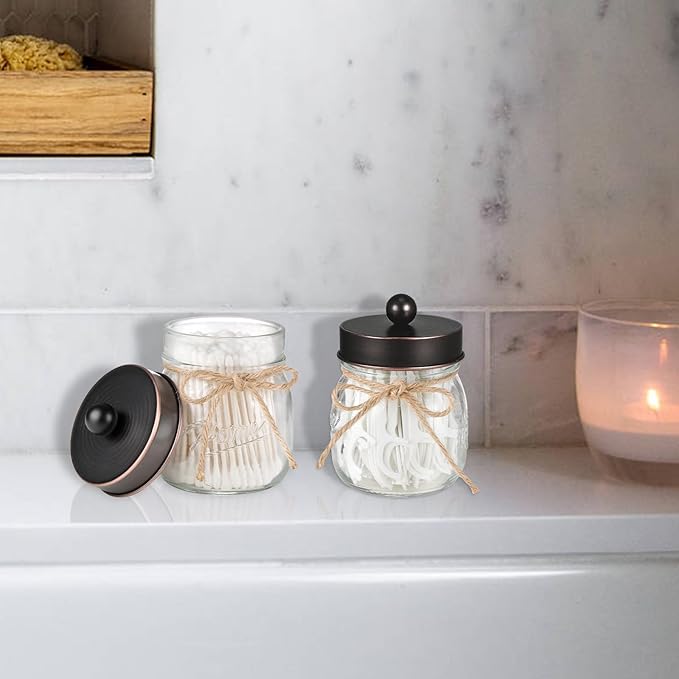 SheeChung Bathroom Decor, Bathroom Organizers and Storage, Qtip Holder, Vanity Decor, Cute Mason Jars for Cotton Swabs, Balls, Cotton Pads, Floss Picks (Oil Rubbed Bronze, 3 Pack)