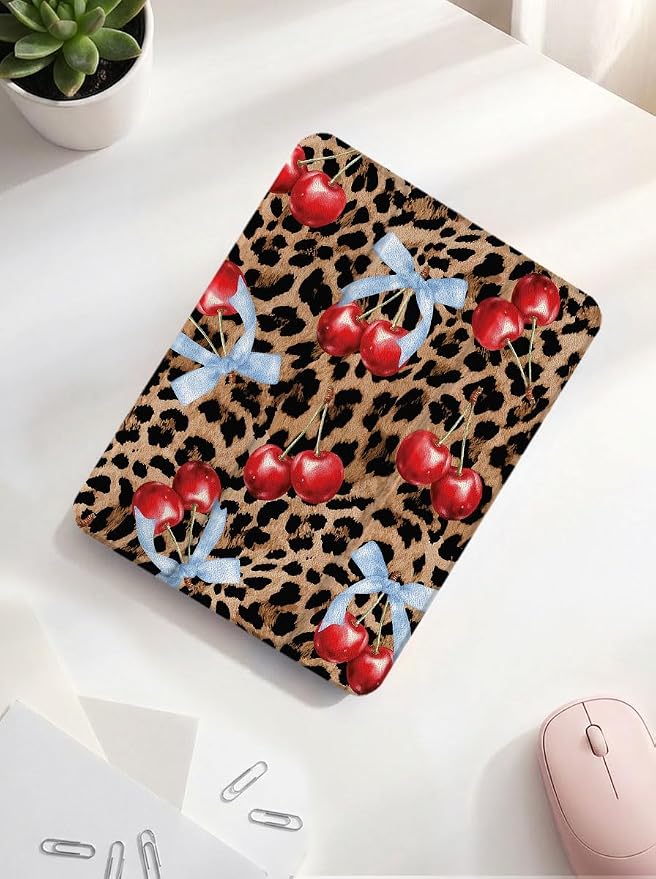 Case for iPad 9th/ 8th/ 7th Generation Case 10.2&amp10.5 Inch (2021/2020/2019 Release) Slim Lightweight Soft Trifold Back Cover with Pencil Holder &amp Auto Sleep/Wake Cover Cherries Cheetah Bows