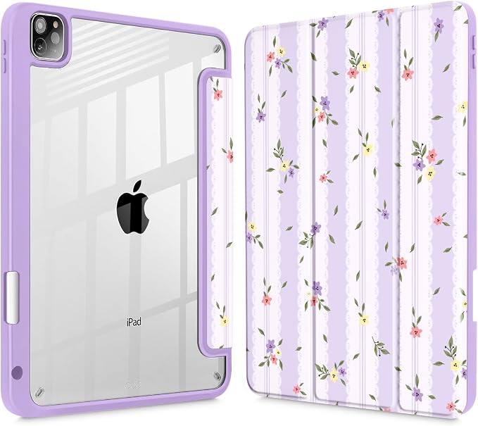 Mektron Case for iPad Pro 11 inch Case M2 2022 Generation 4th Fit 2021 2020 2018 iPad Pro 11 (3rd 2nd &amp 1st Gen) -Buit in Pencil Holder with Shockproof Cover Clear Shell Blue Bows &amp Flower