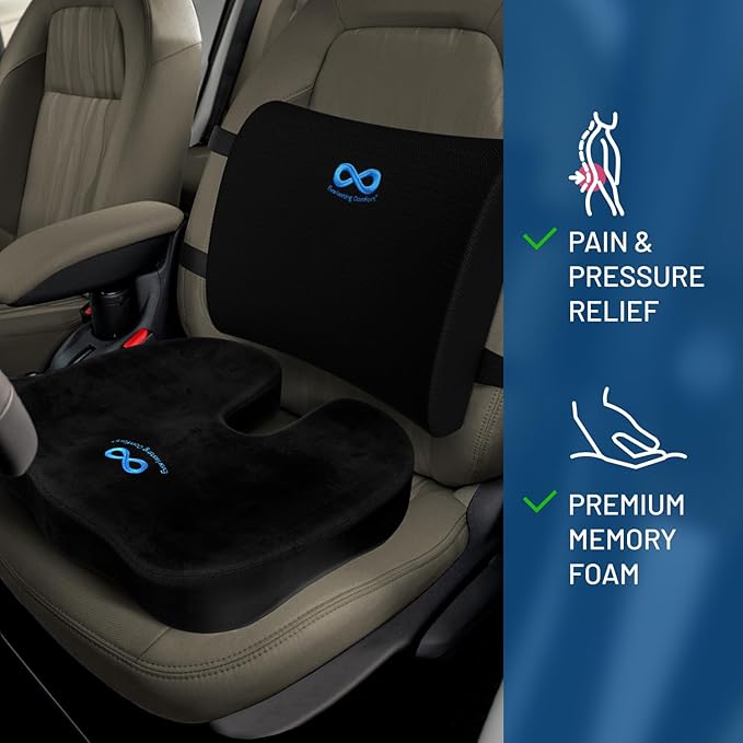 Everlasting Comfort Seat and Back Cushion with Foot Rest Bundle – Memory Foam Support for Tailbone, Sciatica, and Posture Relief in Office, Gaming, or Home Use