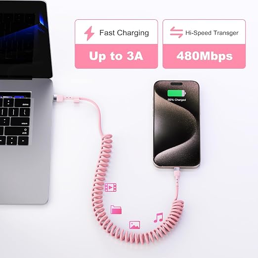 2Pack CarPlay USB A to USB C Coiled Charge Cable for iPhone 15Short Car/Uber Charging Cord Sync Data Retractable Charger for iPhone 15/16 Pro Max Samsung for Apple CarPlay &amp Android Auto-4Ft Pi