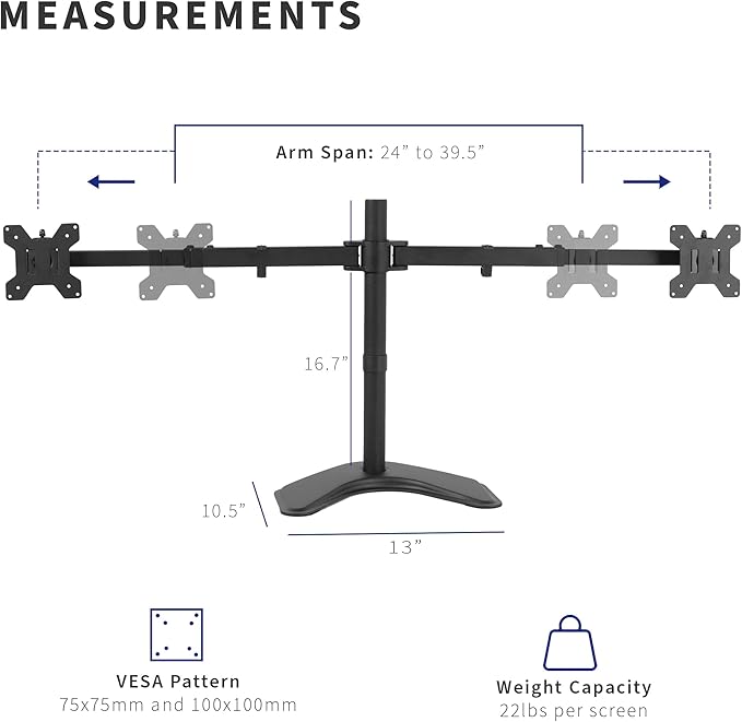 VIVO Premium Dual Ultra Wide LCD LED 27 to 38 inch Monitor Desk Stand, Heavy Duty, Free-Standing Telescoping Arms, Flush Wall Setup, Fits 2 Screens, Black, STAND-TS38B