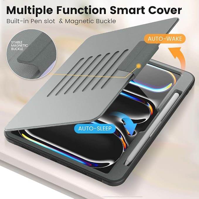 for iPad Pro 11 inch Protective Case M5 2025/M4 2024: Heavy Duty Shockproof Case with Pencil Holder - 360°Rotating Handle/Stand - Screen Protector - Shoulder Strap Black/Sky Blue