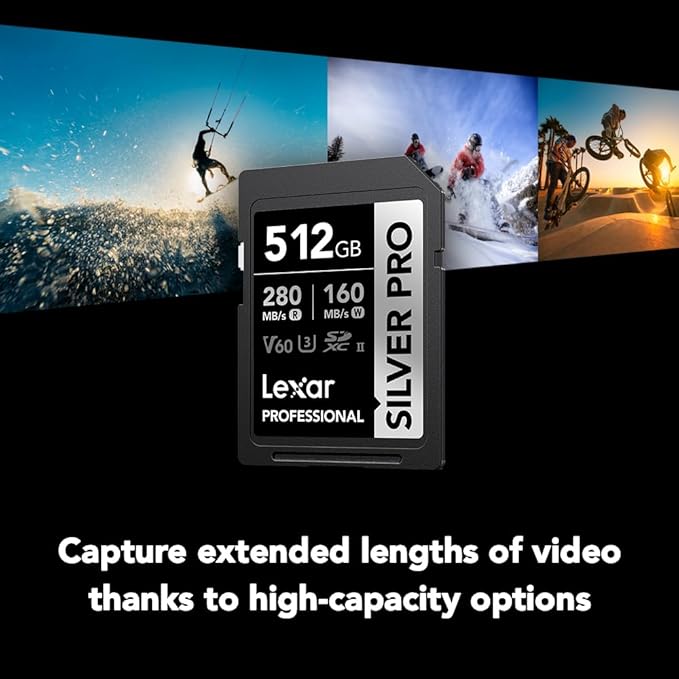 Lexar 512GB Professional SILVER PRO SD Card, UHS-II, C10, U3, V60, Full HD, 4K, Up To 280MB/s Read SDXC Memory Card, for Professional Photographer, Videographer, Enthusiast (LSDSIPR512G-BNNNU)