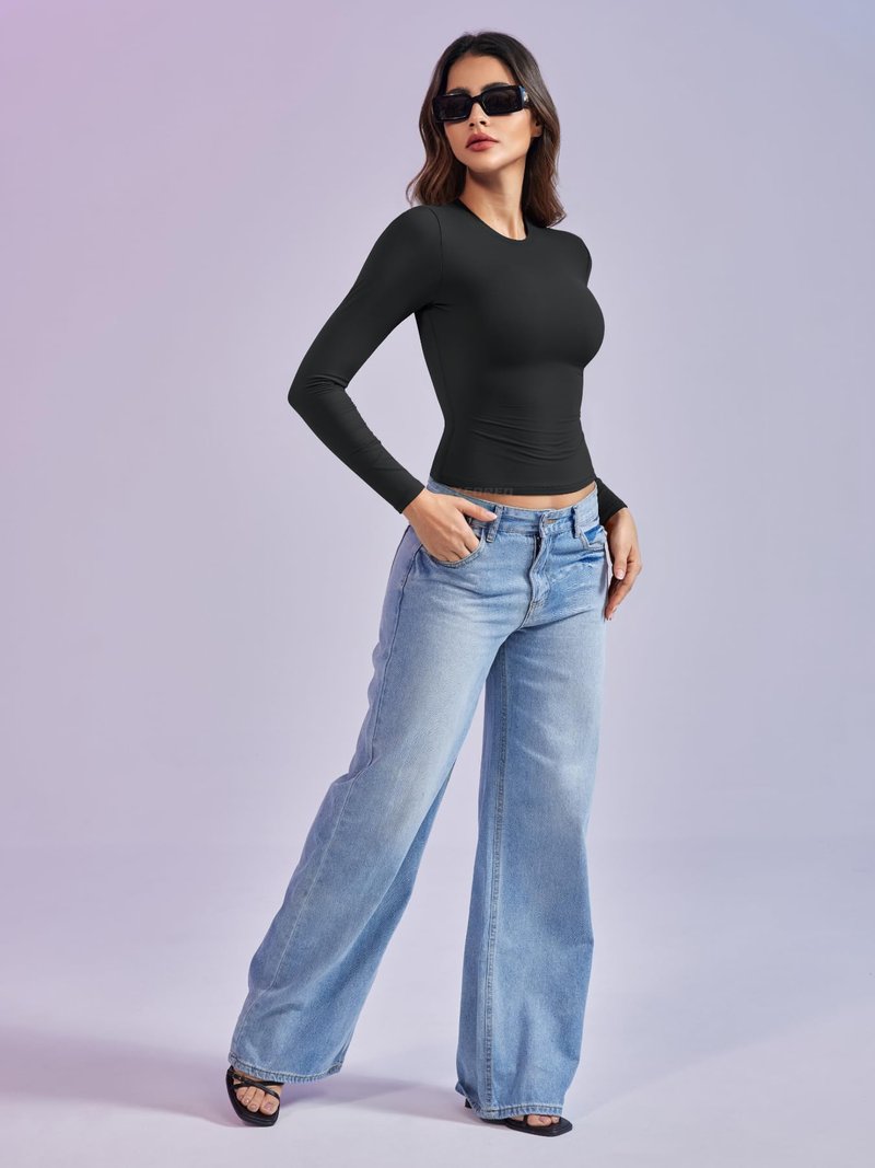 YEOREO Long Sleeve Shirts for Women y2k Tops Double Lined Basic Tee Crew Neck Going Out Sweeney Workout Undershirt Black L