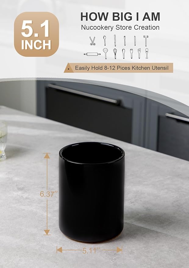 Nucookery Utensil Holder, 6.4" Ceramic Kitchen Utensil Holder with Countertop-Protection Cork Bottom, Farmhouse Kitchen Decor for Counter (Black)
