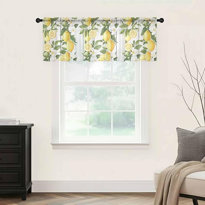 Spring Summer Lemon Sheer Valance Curtains, Leaf Flower White Wood Grain Light