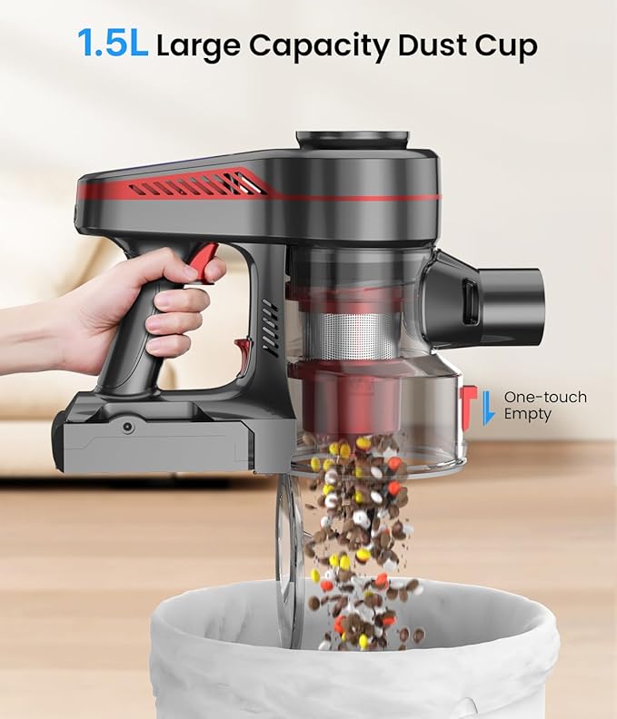 CHEBIO Cordless Vacuum Cleaner, Stick Vacuum with Powerful Suction, 45Mins Runtime Vacuum Cleaners for Home, Anti-tangle and 1.5L Dust Cup, 6 in 1 Lightweight Vacuum for Hardwood Floor Carpet Pet Hair
