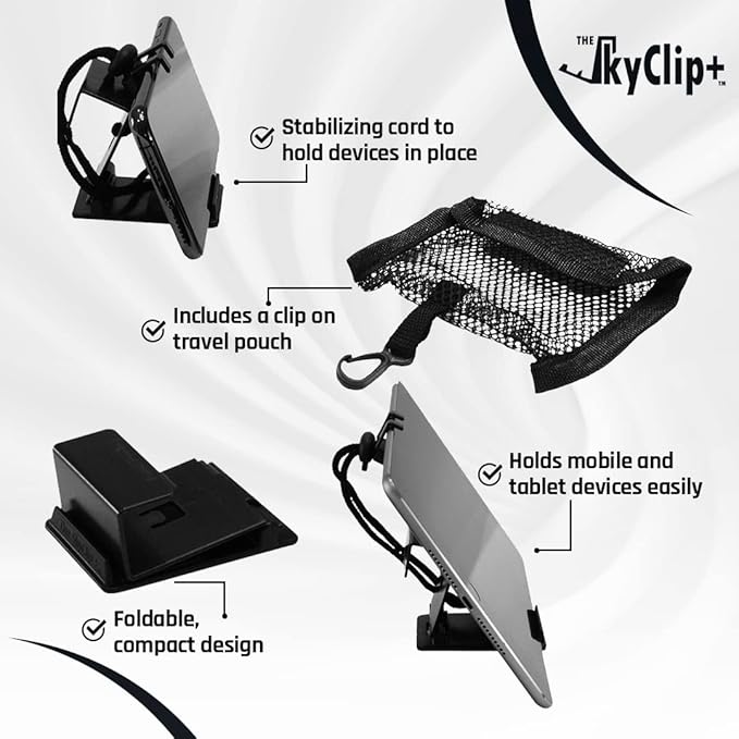 The SkyClip+ Phone &amp Tablet Holder for Air Travel Home and Office Use - Inflight Phone Mount &amp Stand Compatible with iPhone Android Kindle and Tablets - Ultimate Travel Accessory (Black)