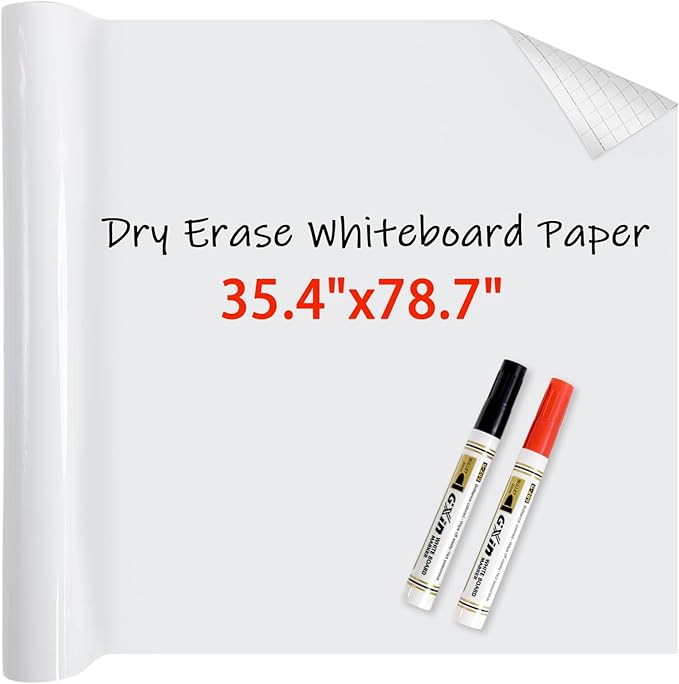 White Board Paper with 2 Markers, Large Dry Erase Contact Paper, Peel and Stick Whiteboard Sticker, Self-Adhesive White Board Roll Wallpaper for Office/Home/Drawing (35.4"×78.7")