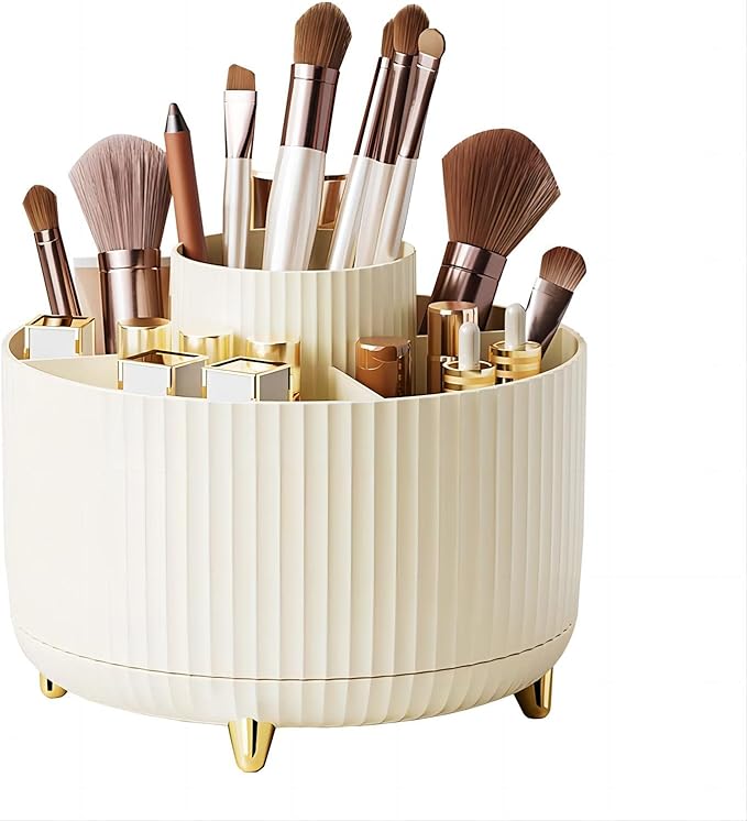 DASITON Large Capacity Makeup Brush Holder,360° Rotating Makeup Organizer,5 Slot Makeup Brushes Cup,for Vanity Decor,Bathroom Countertops,Desk Storage Container,Cosmetic Display cases(Cream)