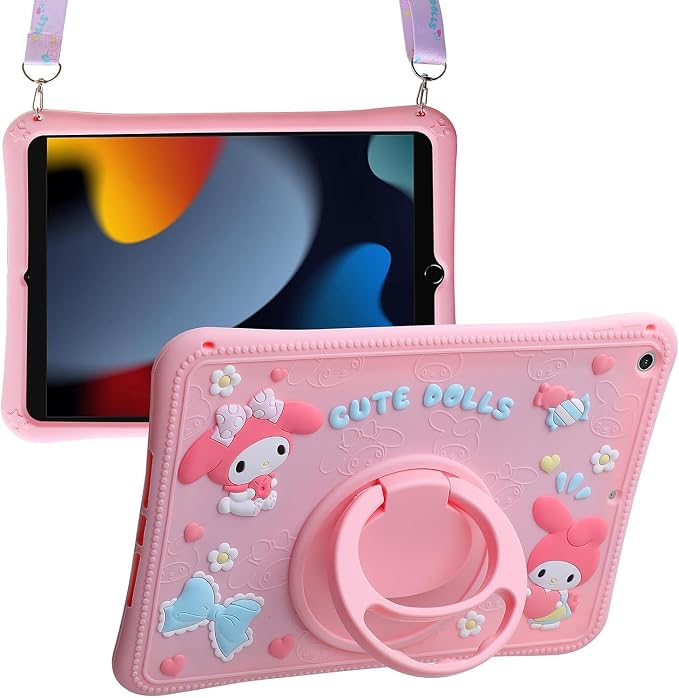 Kids iPad Case for 10.2 inch 9th/8th/7th Generation Pink Shockproof Stand Case with Adjustable Shoulder Strap &amp 360 Rotating Handle for Girls