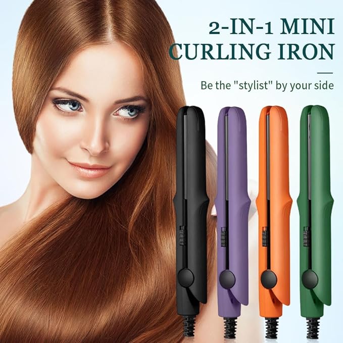 2026 New Mini Curling Iron for Short Hair, 2 in 1 Mini Curling Wand & Flat Iron Hair Straightener, Dual-Purpose Curling Iron, Portable Travel Curling Wand Hair Straightener (Orange)