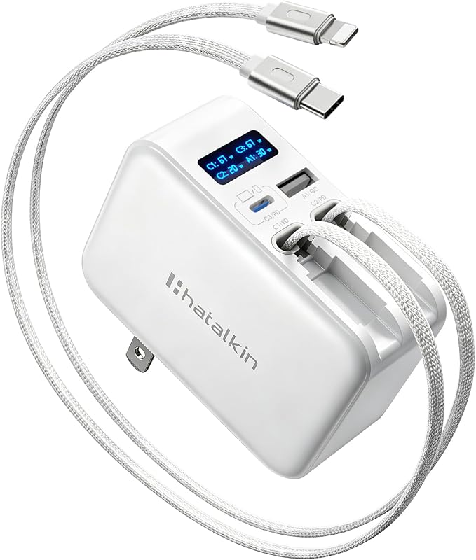 HATALKIN 67W Retractable Wall Charger 4-in-1 with USB-C &amp for Apple Cable | Smart Display ChargerFast ChargingRetractable ChargerFoldable PlugMulti-DeviceTravel UseFor Mac/iPhone/Samsung L