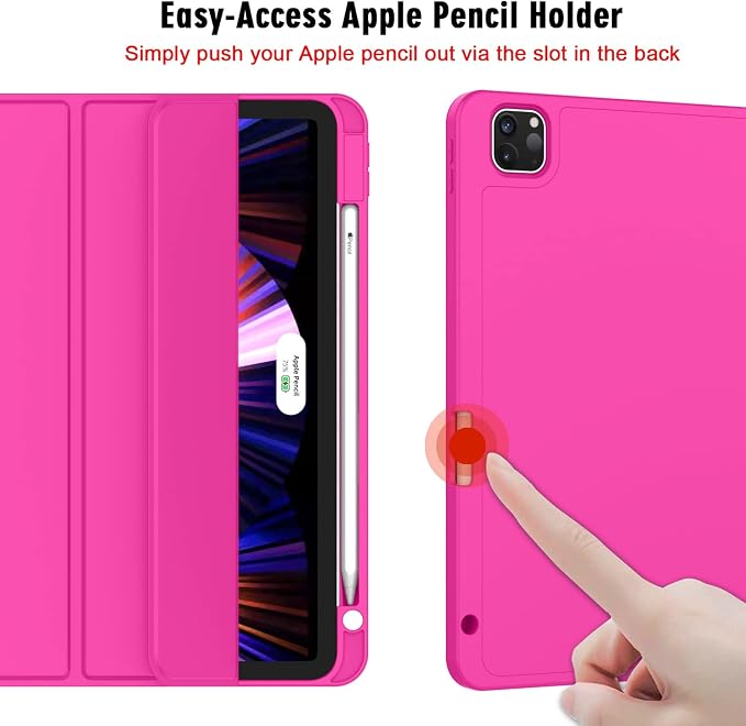 New iPad Pro 11 Inch Case 2022(4th Gen)/2021(3rd Gen)/2020(2nd Gen) with Pencil HolderSmart iPad Case [Support Touch ID and Auto Wake/Sleep] with Auto 2nd Gen Pencil Charging (Deep Pink)