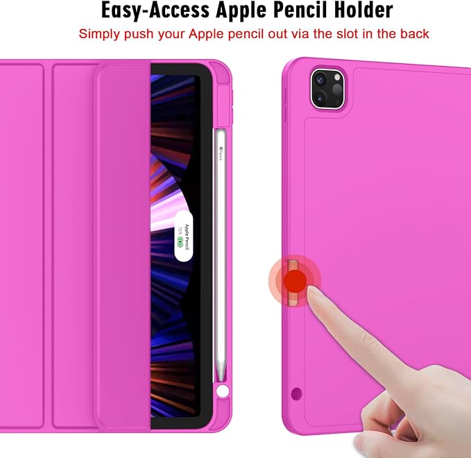 New iPad Pro 11 Inch Case 2022(4th Gen)/2021(3rd Gen)/2020(2nd Gen) with Pencil HolderSmart iPad Case [Support Touch ID and Auto Wake/Sleep] with Auto 2nd Gen Pencil Charging (Deep Pink)
