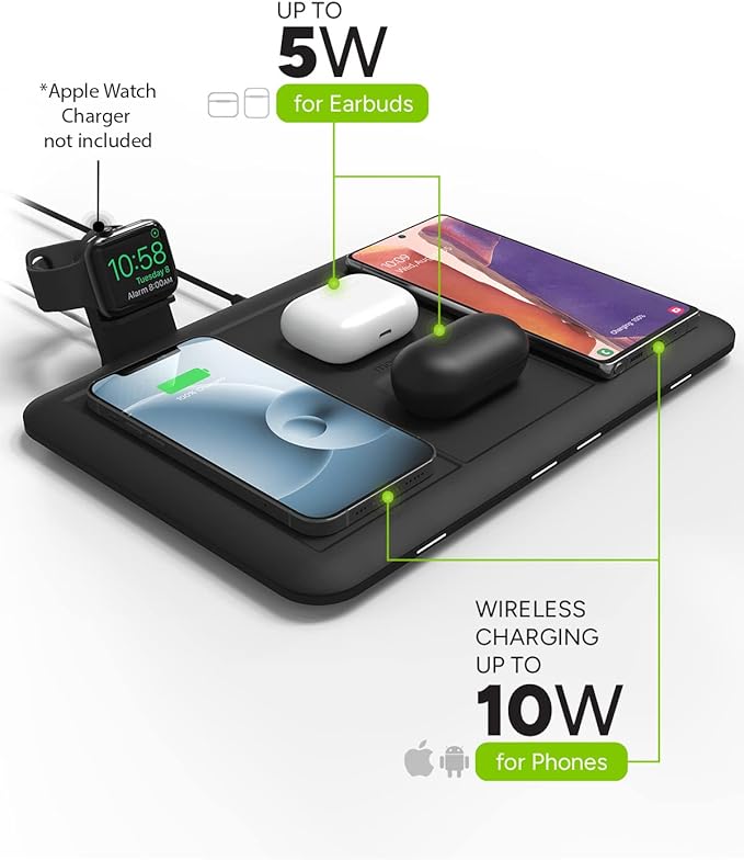 Mophie 4-in-1 Wireless Charging Mat for Apple iPhone, AirPods & Watch, Samsung Galaxy, Google Pixel, and All Qi-Enabled Devices, Additional USB-A Port, Intuitive Design, Includes Apple Watch Stand
