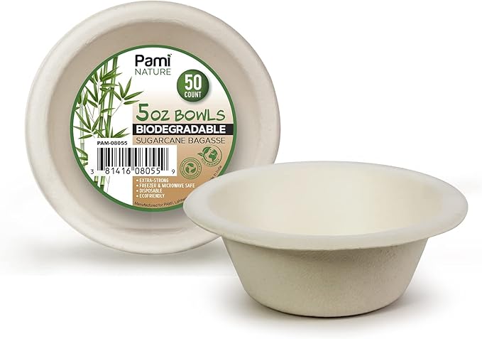 PAMI 100% Biodegradable Sugarcane Bowls [Pack of 50] Natural Compostable Soup Bowls- Planet-Friendly Bagasse Bowls For Hot & Cold Uses- Heavy-Duty Disposable Microwavable Paper Serving Bowls (5 oz.)