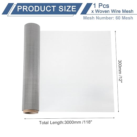 uxcell 60 Mesh 118" x 12" Woven Wire Mesh, 304 Stainless Steel Air Vent Filter