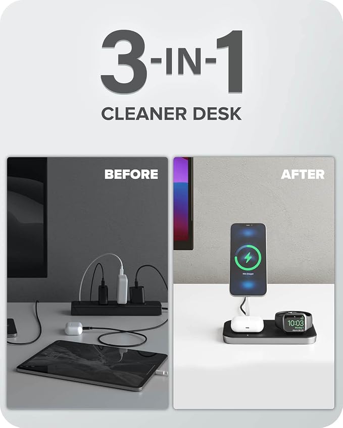ALOGIC MagSpeed 3-in-1 Wireless Charging Station MagSafe Compatible Charger for iPhone 15/14/13/12 Series Apple Watch &amp AirPods Charging Case LED Indicator