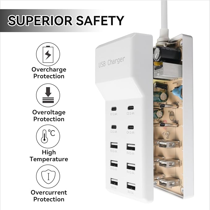 USB Charging Station with 6 USB-A and 4 USB-C Ports 50W 10A USB Charger Block for Smart Phone Tablet Laptop Multiple Devices - USB Power Strip with Auto-Detect Technology