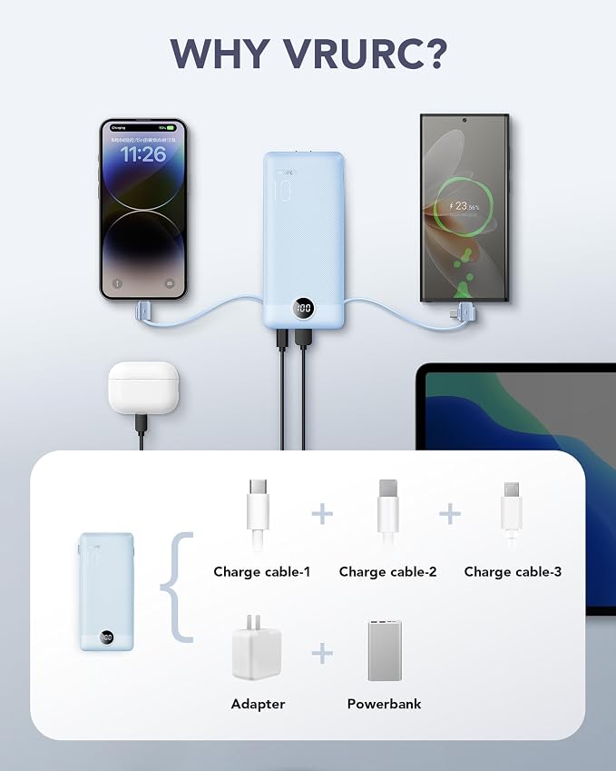 VRURC Portable Charger Power Bank Built-in Cables and AC Wall Plug | USB C Portable Bank 10000mAhTravel Essentials Phone Charger Compact External Battery Pack for Smart PhonesTablets-Black