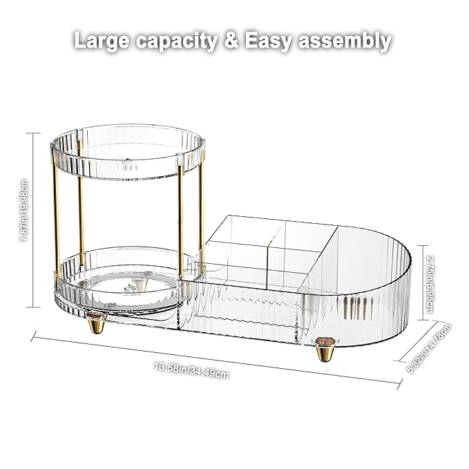 Makeup Organizer Countertop for Vanity, Rotating Skincare Organizers and Storage, 2-in-1 Cosmetic Organizer Display Case with Makeup Holder Perfume Tray for Desk Counter Bathroom Dresser