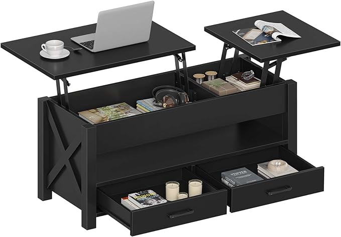 Seventable Coffee Table, 47.2" Lift Top Coffee Table with 2 Storage Drawers and Hidden Compartment, X Wood Farmhouse Support, Retro Center Table with Lift Tabletop for Living Room,Black