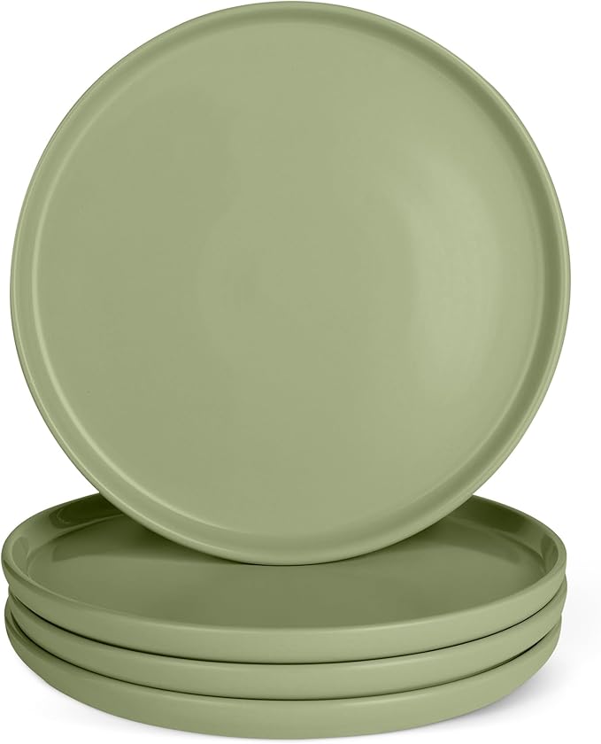 Amazon Basics Glazed Stoneware Dinner Plates, Ceramic 4-Piece Set, Microwave and Dishwasher-Safe, 10.5 in., Olive