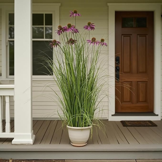 46" UV Resistant Artificial Grass Plant with 9 Realistic Purple Echinacea Flowers - Indoor/Outdoor Fake Plants for Patio, Living Room, Porch Decor - All Weather Faux Floor Plant 2-Pack