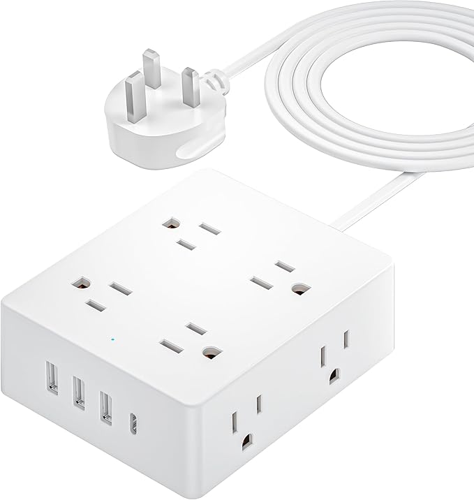 UK Travel Plug Adapter, Olcorife US to UK Ireland Type G Plug Adapter, International Power Strip with 8 Outlets and 4 USB(1 USB-C), 5 FT Cord for UK Ireland Dubai Hongkong
