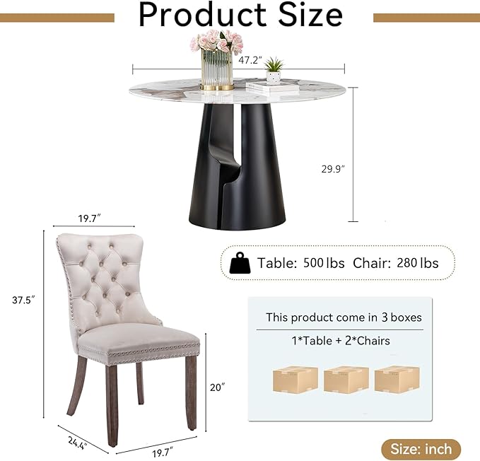 3-Piece Faux Marble Round Dining Table Set for 2, Modern Luxury Kitchen Table Set for 2 with Beige Tufted Chairs,Circle Dining Tables with Pandora Grain Top and Black Pedestal Base