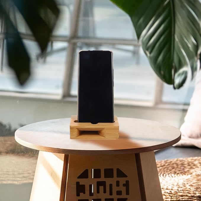 Bamboo Wood Phone Stand with Sound Amplifier Universal Mobile Phone Desktop Holder for Watching Videos and Calls Compact 3.9X2.4X1.2 Inches