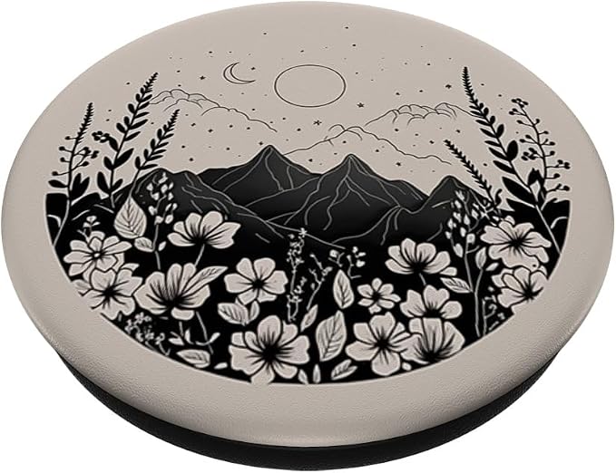 Boho Chic Floral Forest Nature Mountain Moon Sun Monochrome PopSockets Adhesive PopGrip