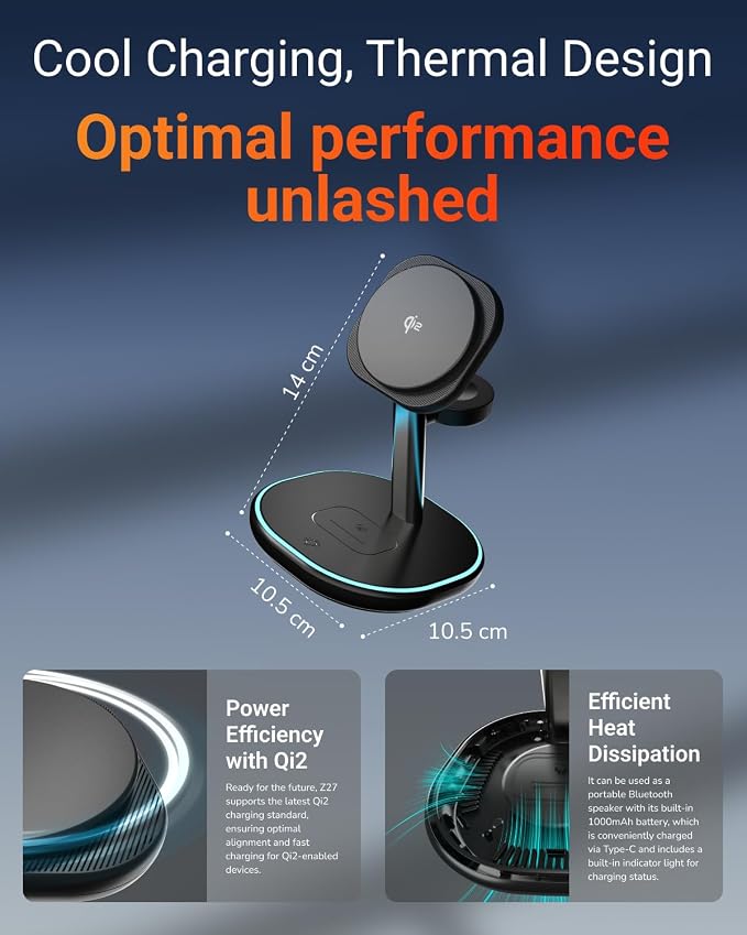 M.A.D LAB Qi2 Wireless Charger 3 in 1 Charging Station for Multiple Devices - MagSafe Compatible LED Light 15W Fast Charging Station for iPhone Android Phones Apple Watch and AirPods (No Adapter)