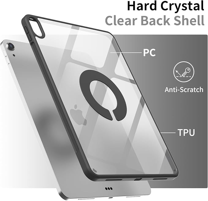 Case for iPad (A16) 11th/10th Generation (2025/2022 11/10.9 Inch) | Clear Hard PC Back Shell Smart Magnetic Detachable Cover with Clasp Portrait/Landscape Stand Auto Sleep/Wake Black