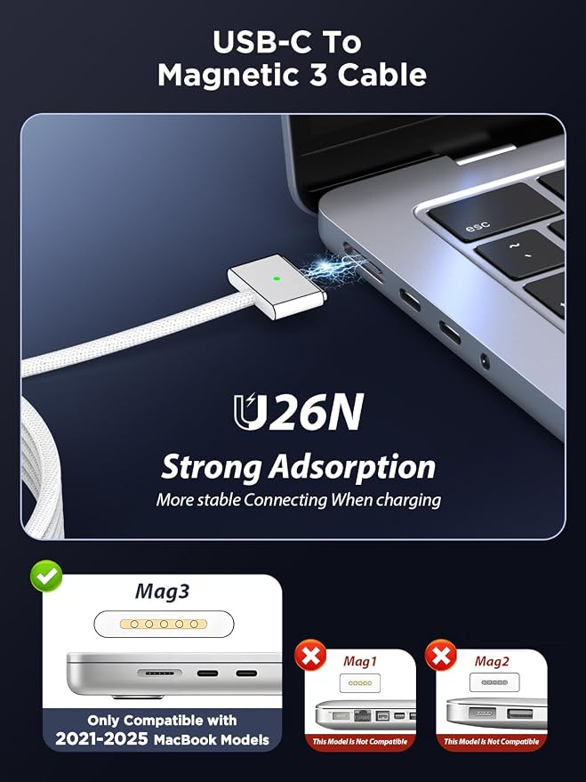 140W Charger for MacBook Pro 16/14 inch Mac Air 15/13 inch 【Original Quality】 2021-2025 M1–M4 6.6FT Magnetic 3 Cable LED &amp Type C Fast Charger Power Adapter - Between 2021-2025