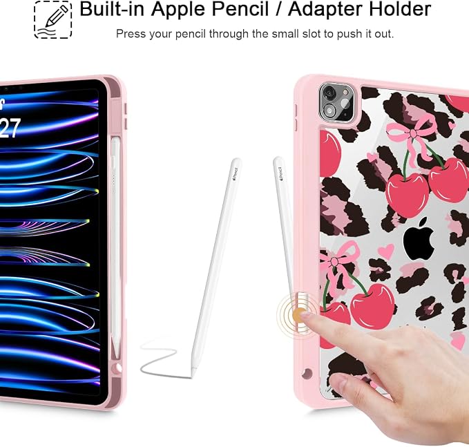 Mektron Case for iPad Pro 11 inch Case M2 2022 Generation 4th Fit 2021 2020 2018 iPad Pro 11 (3rd 2nd &amp 1st Gen) -Buit in Pencil Holder with Shockproof Cover Clear Shell Blue Bows &amp Flower