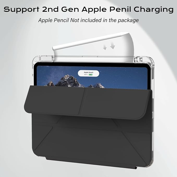 Clear Case for iPad Pro 12.9 inch 6th/5th/4th/3rd Gen with Y-fold &amp Trifold Stand Pencil Holder Support Pencil Charging [Auto Wake/Sleep] Lightweight Shockproof Hard PC Back Cover Black