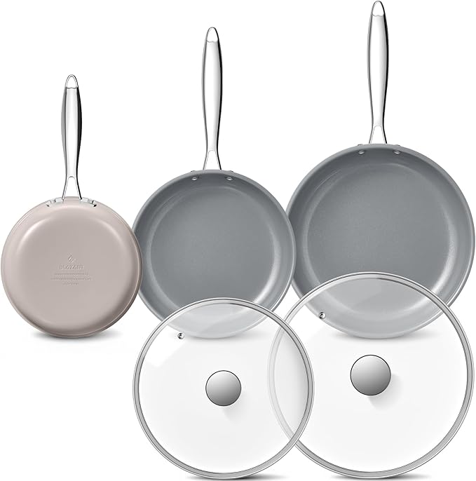 Ceramic Nonstick Frying Pan Set with Lids, Non Stick Skillets (8" 10" 11")