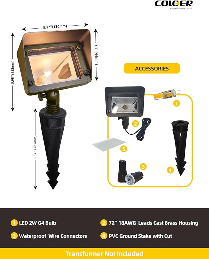 COLOER Brass Rectangular Flood Lights 10-Pack with 4W 2700K LED G4 Bulb, 12V Low Voltage Landscape Floodlights for Outside, Outdoor Wall Lights Illuminating Signs, Walls and Plant Material