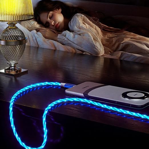 IHAO Multi Ports Light-Up USB Cable USBA to USBC/MicroUSB Cable Durable Fast Charging Cable with Visible Current Flow As Night Light Use-3in1 Blue