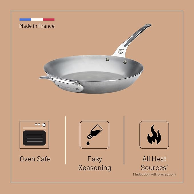 de Buyer MINERAL B Pro Carbon Steel Country Fry Pan with Helper Handle - 12.5” Diameter, 9” Cooking Surface - Ideal for Sauteing, Simmering, Frying - Naturally Non-Stick Finish - Made in France