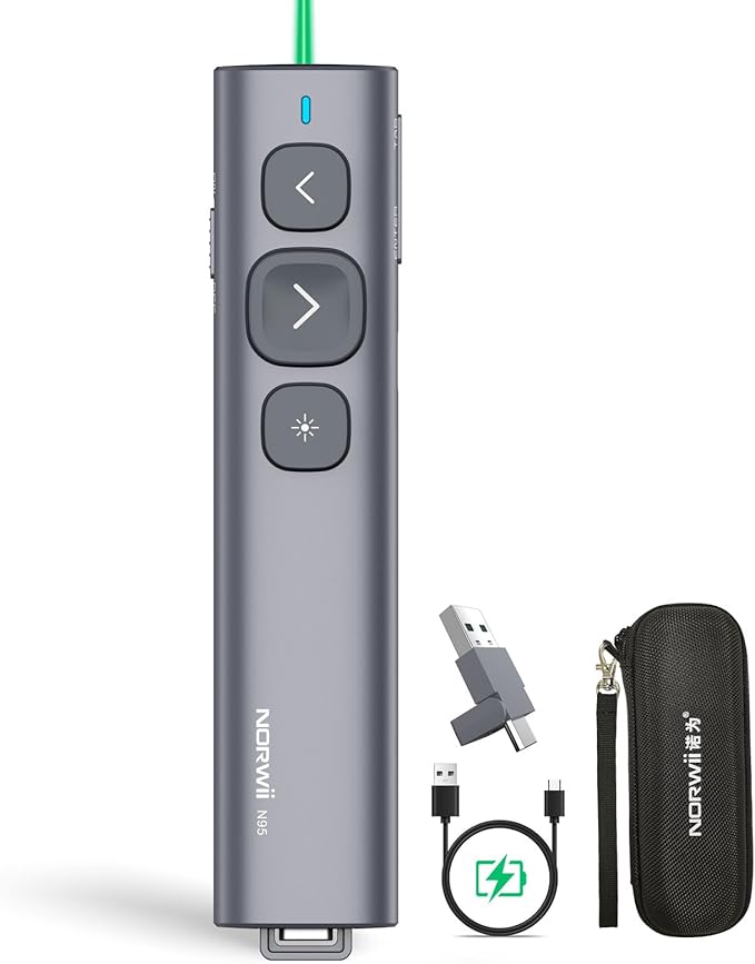Norwii N95 Presentation Clicker with USB-A&C Receiver, PowerPoint Clicker for Presentation Remote, Rechargeable Wireless Presenter Pointer, Slide Advancer for PC/Laptop/e-Book (Green, USB-AC)